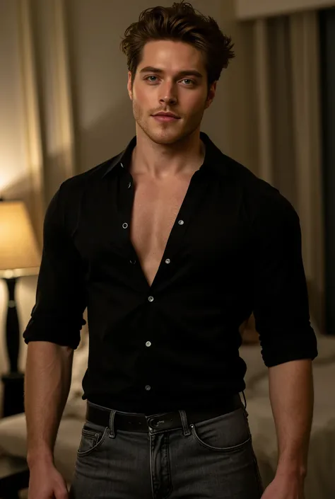 Froy Gutierrez. The image is a high-resolution photograph of Froy Gutierrez standing in a hotel room at night. His hair is a tousled, light brown colour, styled in a messy, casual manner. The man has a fair complexion with a light stubble and a strong jawl...