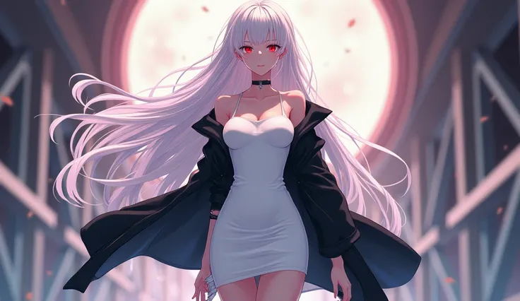 Anime girl with long white hair and red eyes wearing a sexy white dress and a black jacket with an aesthetic New Year background and a title that says 2025