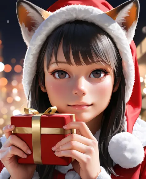 a beautiful young woman with long dark hair, wearing a santa claus costume with fox ears, holding a gift, close-up shot of upper body, winter, christmas, (best quality,4k,8k,highres,masterpiece:1.2),ultra-detailed,(realistic,photorealistic,photo-realistic:...