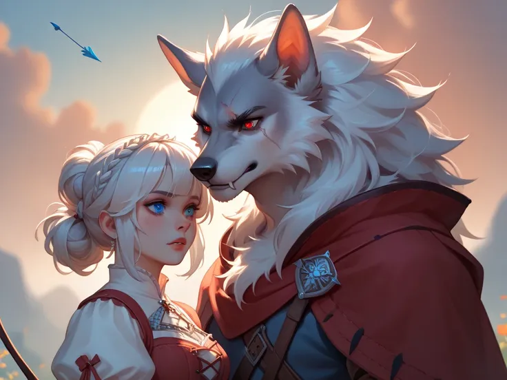 Furry werewolf silver fur scar on his eye heterochromia or eyes of a different color wounds on his face archer archer medieval bow and arrow clothes together with a girl white hair red eye and sky blue eye and a boy red eyes white hair and red locks 