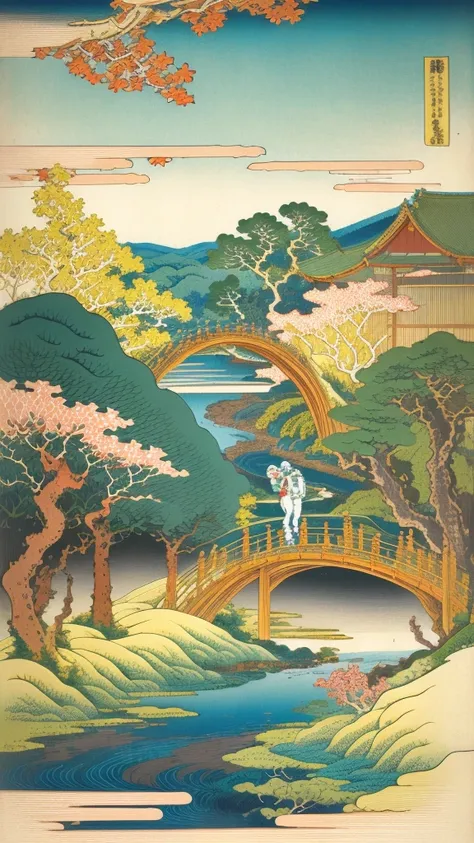  astronaut standing in the middle of a river that crosses a beautiful forest.  a ship in the sky emerges from the clouds , beautiful trees with complex branches , Ukiyoe,  