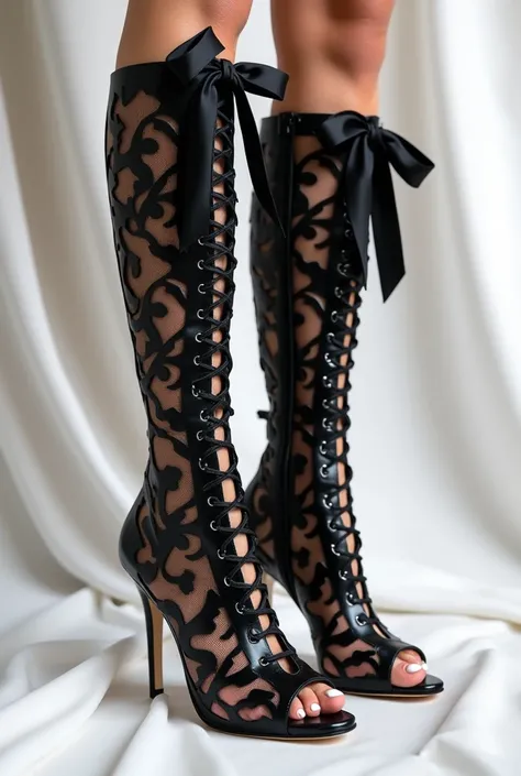 1pair of boots, black open-toe design, knee-high length, intricate cut-out floral pattern, lace-up style with wide satin ribbon ties, stiletto high heels, platform sole, bold and elegant design, sleek silhouette, glossy black finish, soft lighting, white d...