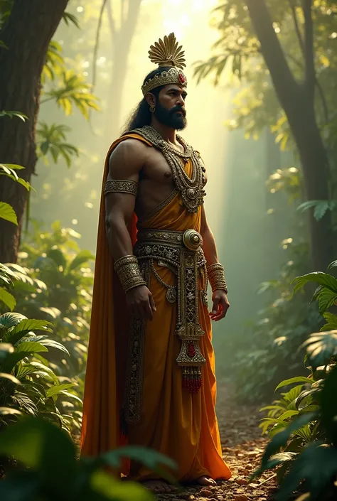 Use write colors and create an altra-HD 4k quality 3D style higly realistic cinematic scene of Raja Vikramaditya insani kankalon ke bich Khade hain aur aaspaas Jungle hai