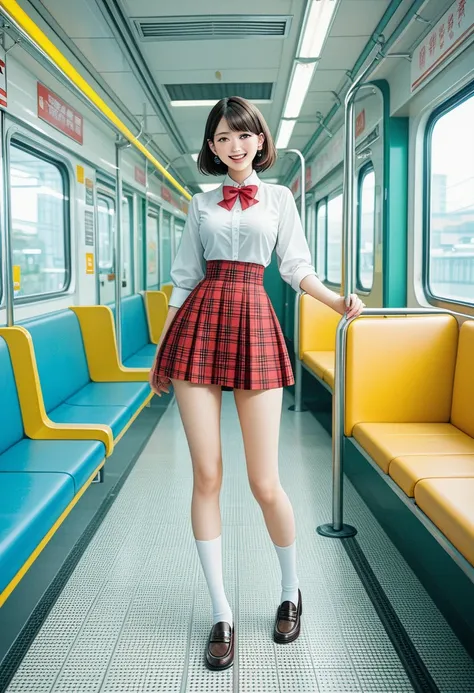 A high school girl from Tokyo is riding the Tokyo Metro subway,  white blouse,  bow tie, plaid miniskirt with pleats,  knee-high socks,  loafers without pants,  embarrassed smile,  thin waist,  thin thighs ,  team up, score_9, score_8_up, score_7_up, best ...