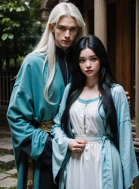 adult man with long white hair and blue clothes with blue eyes, a young adult woman with long black hair, green eyes and white clothes. 8k.
 high quality. man and woman 
man long white hair, woman long black hair 
Ancient times, medieval clothes 