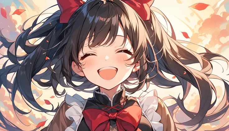 In anime girls、She has long black hair and a red bow ,  cute girl anime visual,  Slightly Happy Facial Expression ,   anime Moe art style , shikamimi,  happy expression, smile,  She has a lovely expressive face,  Happy and cheerful expression , [[[[Wickedl...