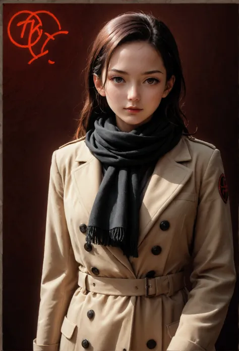  Professional close-up photograph of a young woman wrapped in a warm colorful trench coat., a black scarf with bright red outlines , cel shading, bold outlines,  flat colors ,   crisp shadows  , Graphic style, (manga influence:1.3), clean line of work,  Im...