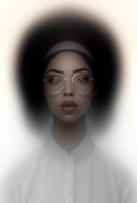  a black woman , Young, with medium Black Power hair ,  transparent glasses and her entire face painted white.  She wears a kipa and traditional Jewish clothing . 