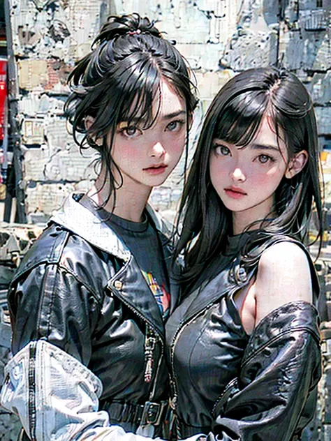 is completely anatomically correct, two young women standing together, Extremely beautiful, beautiful faces,  beautiful delicate eyes,  black hair,  short bob hair、 leather jacket 、After the rain、 detailed explanation、( top quality , masterpiece,  high res...