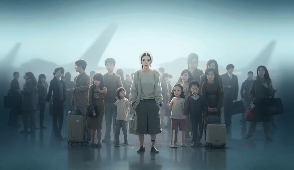 Create a highly detailed and photorealistic digital artwork depicting a dramatic scene at a bustling Vietnamese airport. The central focus is a 30-year-old young and beautiful Vietnamese female helper standing firmly and blocking the path of a wealthy fami...