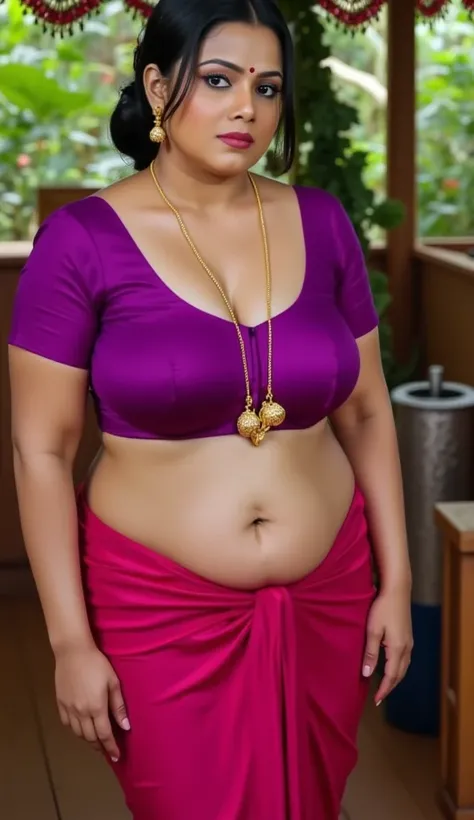  indian chubby woman is wearing a full pink long skirt, village forest hut, Satin purple front closer blouse ,big Deep cleavage,big sexy chest,big boobs, big bright eyes, charming, sexy, perfect anatomy,detailed background, 8k,big chest,