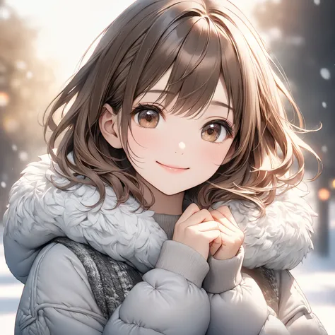 cute beautiful woman , smile, Brown Hair、 brown eyes、shy, Light Makeup、Gentle background color,  soft, fluffy calming effect,  shading effect ,  gradient magic effect, ( super detailed , The perfect solution,  top quality :1.3), 2.5D,  delicate and dynamic...