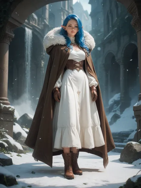 Half elf, Female, fullbody, white fur hood and cufs of the sleeves cloak with black , White dress underneath, brown gloves, Blue hair, Blue eyes, brown boots, Brown pants, Black fabric for the cloak 