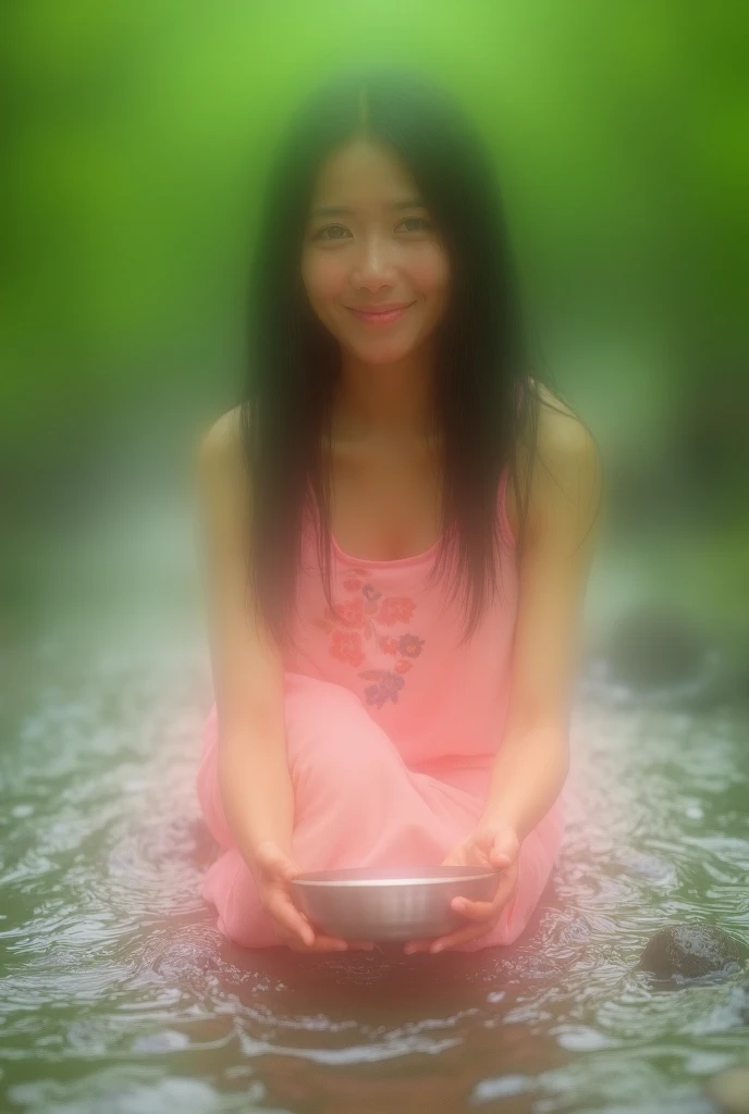 A full-body, sharp, realistic image of a beautiful Thai girl with fair skin and a bright smile, sitting in a stream in the forest. She is wearing a pink linen dress with a flower pattern and has long, dark hair. The young woman holds a silver bowl in her h...