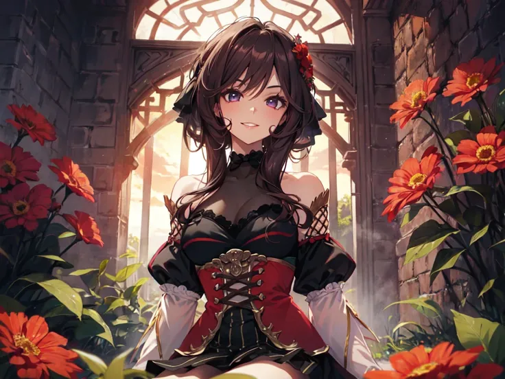 Beautiful woman wearing only her chest, a see-through top, tights and a skirt with a side slit, exposing her sides, smiling toothily, sitting sideways on the ground in a castle courtyard surrounded by a field of red flowers, with a red sky and a strong win...