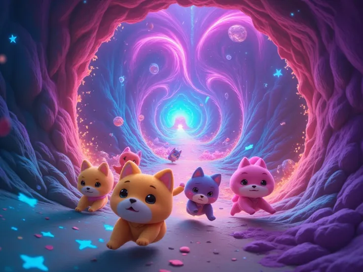  5 cute little s ， are walking through a space-time tunnel，Walking to the gate 