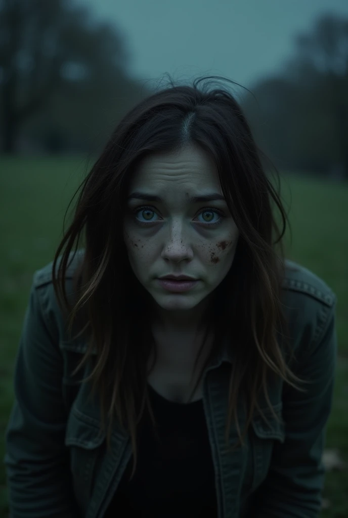 it is late at night, a dirty homeless woman is looking at you in a park in south east london. She is stumbling towards viewer. Her eyes are blank and dazed. Highly detailed frightened face. She looks drunk. She is stumbling heavily towards you. “Highly det...