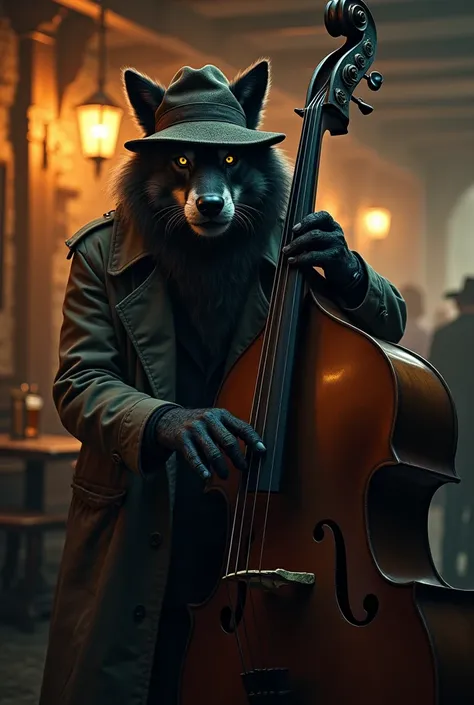 Old black wolf wearing a detective hat plays double bass in a dark irish pub