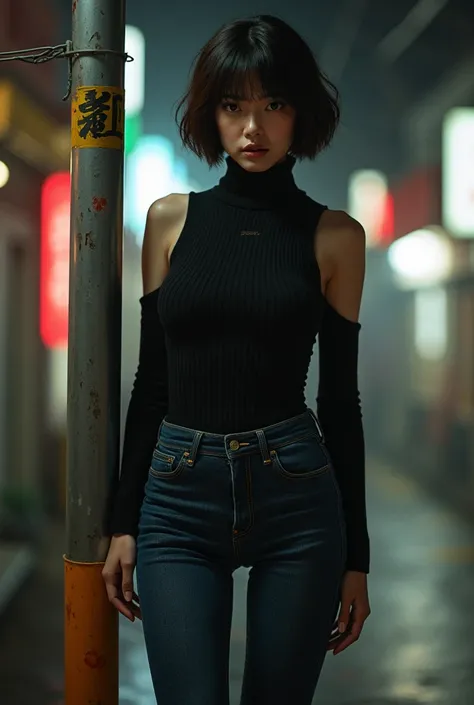   dark blue jeans 、  brown boots  、 short haired Japanese beauty wearing a black super tight sleeveless sweater 、Japanese mature woman standing on a pole with her legs aligned
