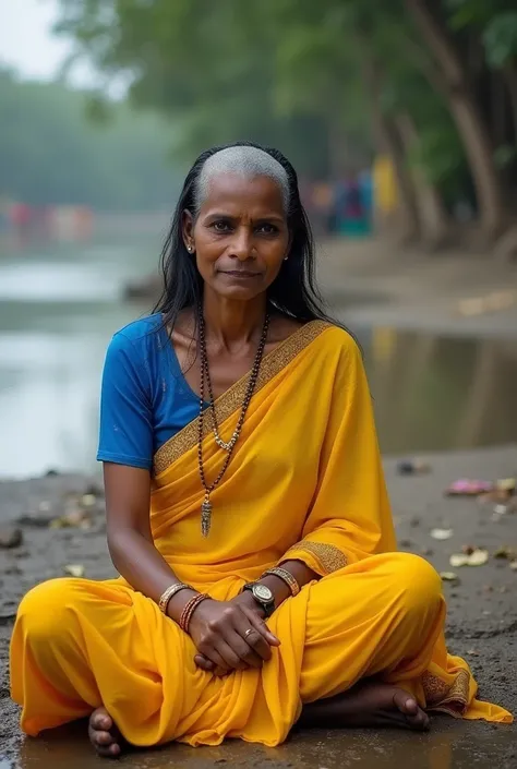 Indian woman wearing yellow silk saree with blue blouse sitting cross legged before the barber her head was completely shaved one side bald another side some hairs some long black hairs on her shoulders and floor with wet saree and blouse river bank dirty ...