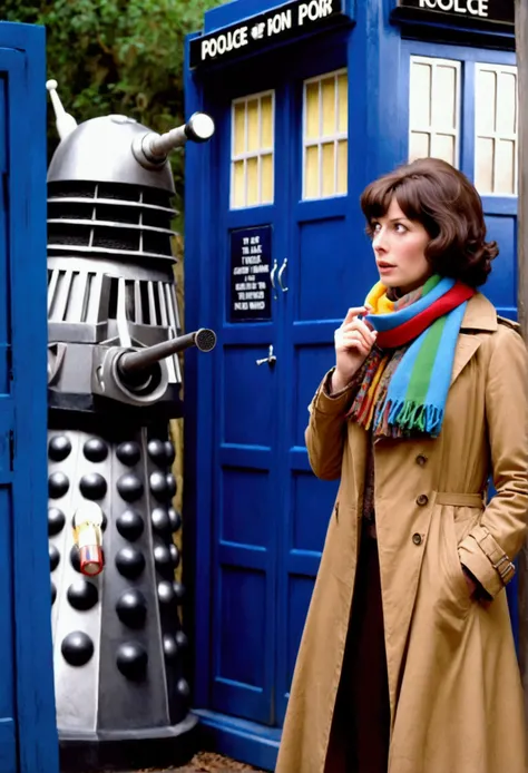 A cute woman in a plain brown trench coat and a colorful scarf (she is in the role of the fourth doctor Who), she is arrogantly speaking to a Dalek, 1970s sci fi alien world set,blue Tardis in corner
