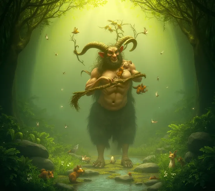 A mythological satyr in the middle of an ancient and enchanted forest. Its lower half is that of a billy goat, with muscular legs covered in rough, dark fur, and hooves that tread firmly on the damp forest floor. Its torso is human, robust and marked, with...