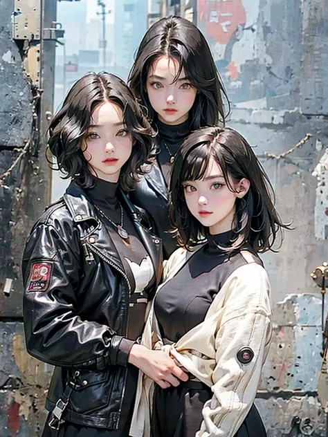 is completely anatomically correct, two young women standing together, Extremely beautiful, beautiful faces,  beautiful delicate eyes,  black hair,  short bob hair、 leather jacket 、After the rain、 detailed explanation、( top quality , masterpiece,  high res...