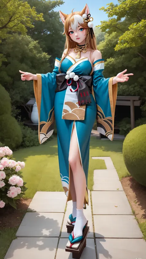  masterpiece,  best quality,  HIGH QUALITY,  Full body ,  outdoor,  looking at the viewer , 1 girl,  dynamic pose , hina-fi ,  Bicolor Hair ,  Japanese clothing , Green Kimono, cola,  bare shoulders,