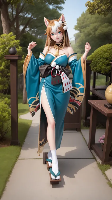  masterpiece,  best quality,  HIGH QUALITY,  Full body ,  outdoor,  looking at the viewer , 1 girl,  dynamic pose , hina-fi ,  Bicolor Hair ,  Japanese clothing , Green Kimono, cola,  bare shoulders,