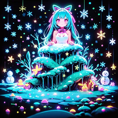  1 girl,Chibi、  best details、 cute、big ribbon on the head、  neon color gradient hair color、  snowman、  Snowflake  、 fantasy、  absurd、 neon lights enhance the  cuteness、世界一 cute絵、  Christmas light 、  fantasy、 Alice in Wonderland、giant clock background 、