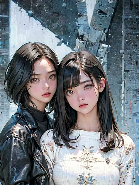 is completely anatomically correct, two young women standing together, Extremely beautiful, beautiful faces,  beautiful delicate eyes,  black hair,  short bob hair、 leather jacket 、After the rain、 detailed explanation、( top quality , masterpiece,  high res...