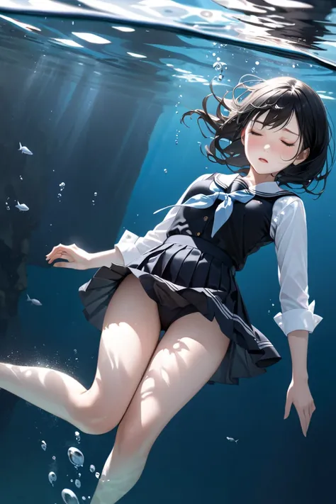 Ultra-realism
school girl
drowning
fainted
slender body
small basted
floating
underwater
closed eyes
black hair
thighs