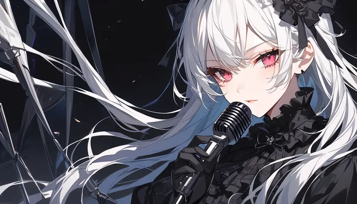 a close up of a person holding a microphone in a dark room, Nightcore, Mikudayo, seductive  anime girl , vocalist,  Details.   girls frontline , from   girls frontline , black, ( anime girl ), everyone,   anime Moe art style , Minatogawa Marin Fanart ,   o...