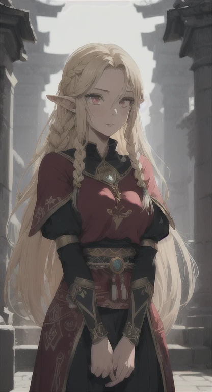 Ancient Hylian, Yggdrasil priestess, blind Hylia, blonde, blank red eyes, blank pupils, Devine braids, looking at viewer, long messy hair, ancient Hyrule, ancient priestess armor, temple,