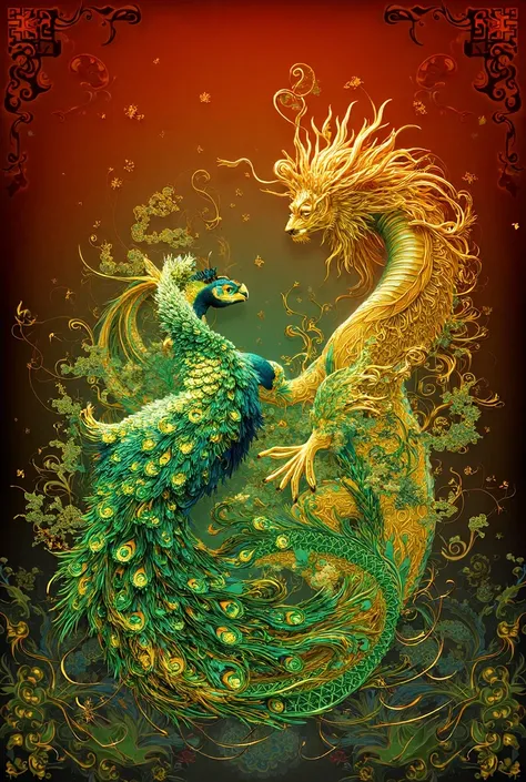 1 PEACOCK AND 1 DRAGON ELEGANT APPEARANCE GRACEFUL FACE CHINESE STYLE GOLD ACCENTS DARK RED DARK GREEN BLUE