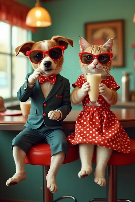 "A playful scene of puppy and cat sitting on barstools in a 1960s diner, wearing polka-dot dresses, tailored blazers, and bow ties, sipping milkshakes while striking dynamic poses with their retro sunglasses."
