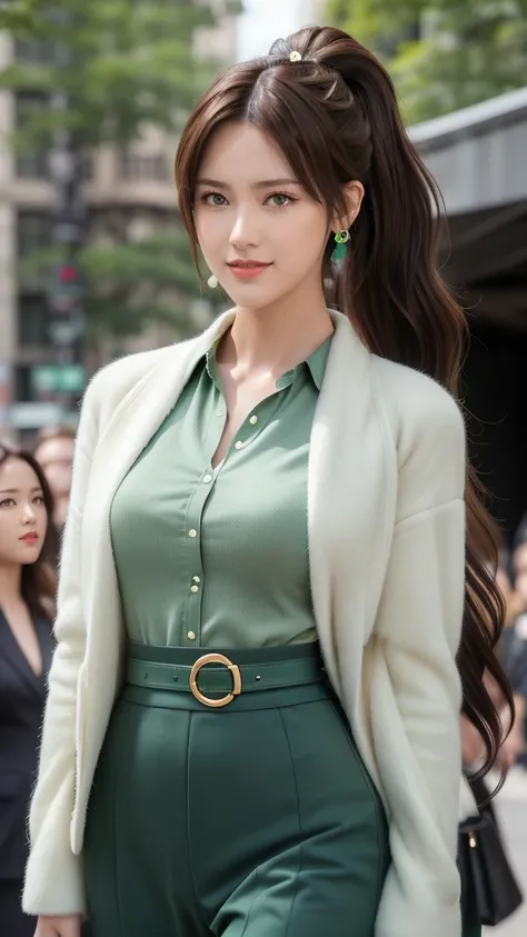 Miss((30 years old)), hair((Wave, Golden brown )),  eyes((smart  eyes, Green)), clothes(( New York Fashion Week , light Green)),   Smile, revealing your chest, Ponytail, Accessories,