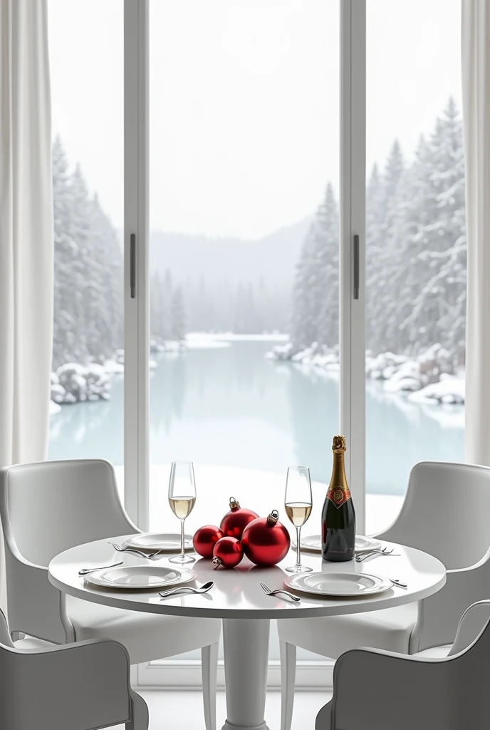 1930s white art deco interior with white table with red christmas ornaments, two glasses and bottle of champagne by the window watching the snowy day at the lake
