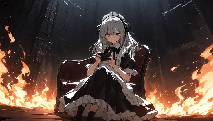 Anime girl sitting on park bench with cell phone in hand ,  gothic maid style anime girl , Nightcore, black moody scene,  cute girl anime visual, black,   anime girl in Azur Lane video game maid costume ,  like the movie  | | , Burning,   anime Moe art sty...