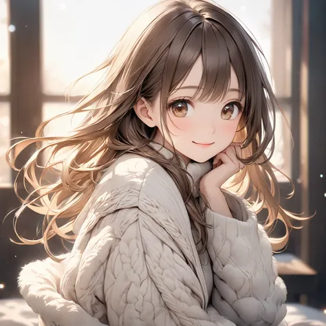 cute beautiful woman , smile,  semi-long hair、Brown Hair、 brown eyes、shy, Light Makeup、Gentle background color,  soft, fluffy calming effect,  shading effect ,  gradient magic effect, ( super detailed , The perfect solution,  top quality :1.3), 2.5D,  deli...