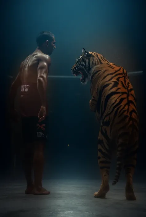 "A striking visual of a UFC fighter facing off against a large, fierce tiger. The fighter appears as a muscular, shirtless man standing in a dimly lit arena, with the UFC logo clearly visible on his shorts. The tiger is massive, with sleek, powerful muscle...