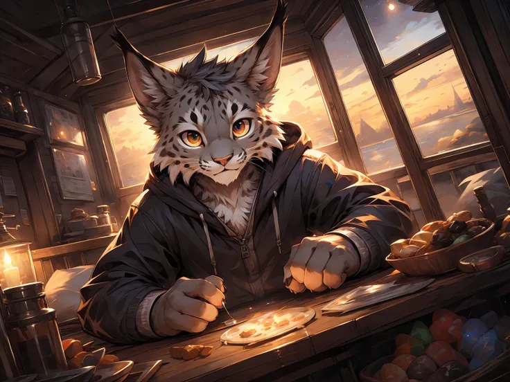 (gray fur:1.3), lynx, (young:1.3), shota, inside the Ferris wheel cabin, at night, easygoing, pleasure, paw pads details, from above, open hoodie, masterpiece, (16K), HD, Various facial details, detailed background, very detailed, dynamic poses, Eyes detai...