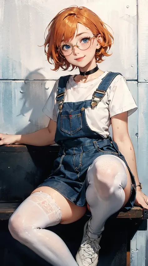 score_9, score_8_up, score_7_up, score_6_up, 1girl, Short curly hair, orange hair, blue eyes, glasses, pink overalls dress, white shirt, white stockings, white shoes, , cute smile, Freckles, thighs, small waist, choker, sweaty, sitting, 