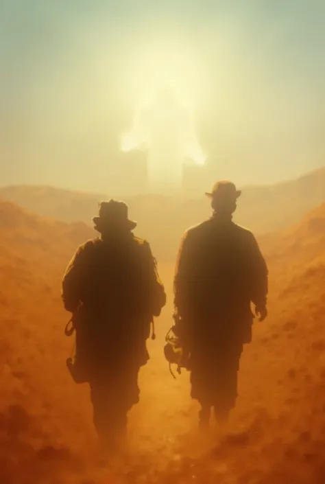 Help me create an image of two migrant men with backpacks and suitcases walking along a desert road and behind them Jesus Christ guarding his way