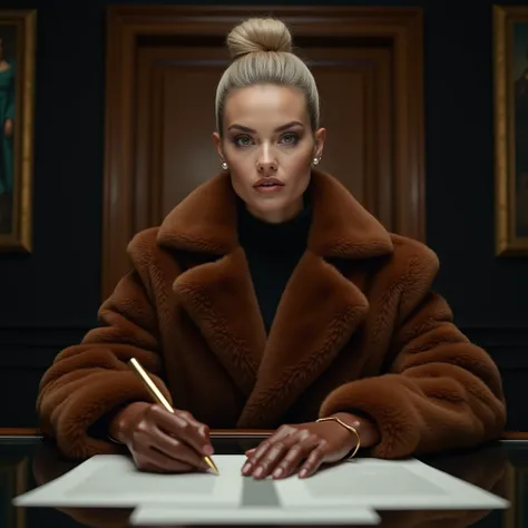 Fashion editorial style.  View from top to bottom .  the image shows a sophisticated and stylish woman sitting in front of a glass table,  she holds a gold pen and is ready to sign some papers .  She wears luxurious and sophisticated brown leather gloves ....