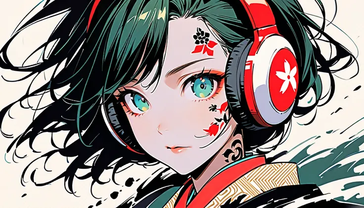 (((Ink Painting))), ((Japanese style headphones)), (((Japanese pattern tattoo on face))), face close up, Gorgeous hair accessories, Japan人の女, Fluttering Hair, Japan, Japanese flag, green