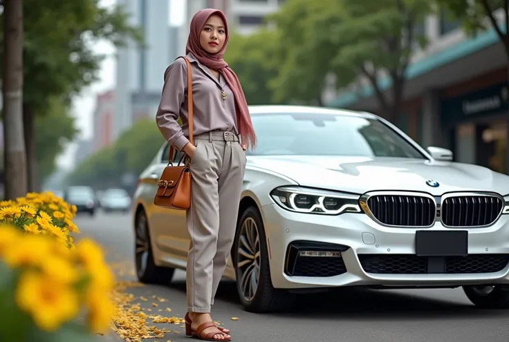  Realistic photography original photo close up of a beautiful woman in an indonesian hijab ,  wearing casual clothes complete trousers carry a hermes bag  , leather sandals standing next to a BMW E 520i sports car white chrome paint with rainbow color bias...