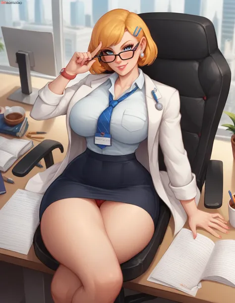 Doctor Name : Wear. Smith Body : large bosoms, Athletic figure, big butt, narrow hips , strong thighs Pose : sitting in an office chair , with his legs crossed and his hands resting on the desk Clothing: Doctors white coat , black reading glasses Actions :...