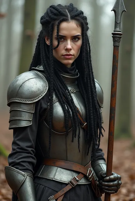 White woman with dark hair and dreadlocks, medieval leather armor and a spear in hand, 