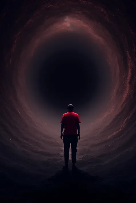 A person were deep red t Shirt and Stand on the blackhole
